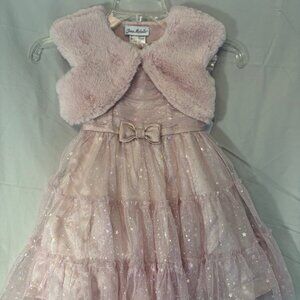 Girls Jona Michelle dress: pink with star details, tulle and fur shrug - NWT